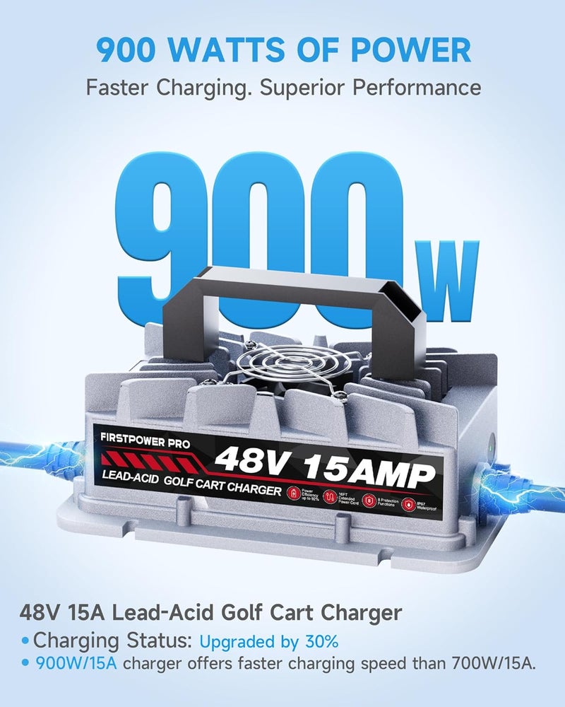 FirstPower Pro شاحن عربة جولف، شاحن بطارية عربة جولف 48 فولت 15 أمبير لعربات جولف ياماها G29 درايف ودرايف 2، شحن سريع كامل خلال 4-6 ساعات، شاحن بطارية حمض الرصاص - قابس ورقة 3 دبابيس، IP67 مع تصميم مروحة - Image 4
